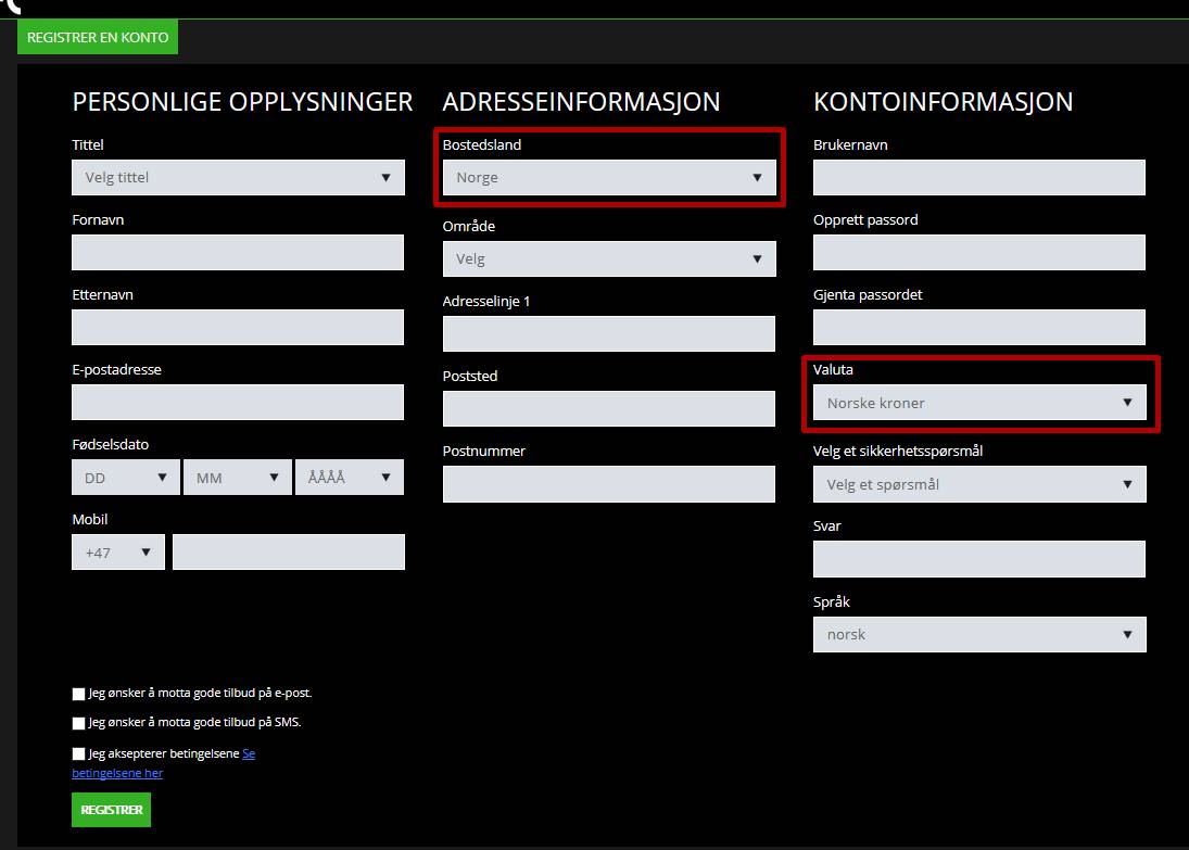 MrXbets registreringsskjema